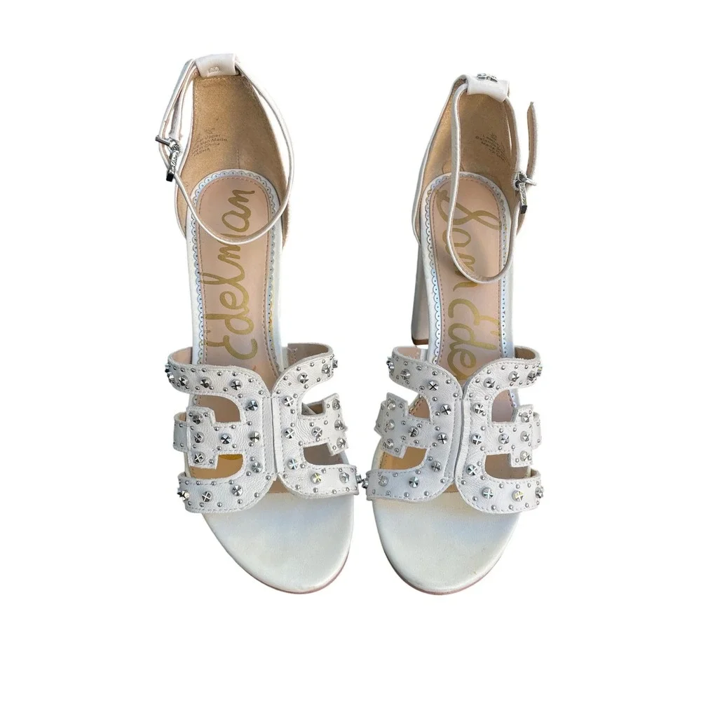 Sam Edelman Pasha White Leather Studded Block Heel Sandals Womens 8‎